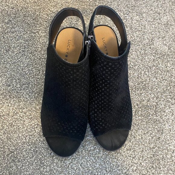 Lucky Brand Slingback Ankle Booties Black Suede Open Toe Heeled Boots Size‎ 7 - Picture 8 of 8